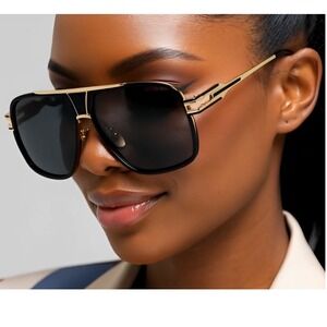 Women Sunglasses Rectangular Stylish Black Gold Designer Style UV Protection New